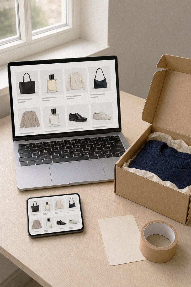 A laptop and tablet showing an online shop, beside an open shipping box with folded knitwear