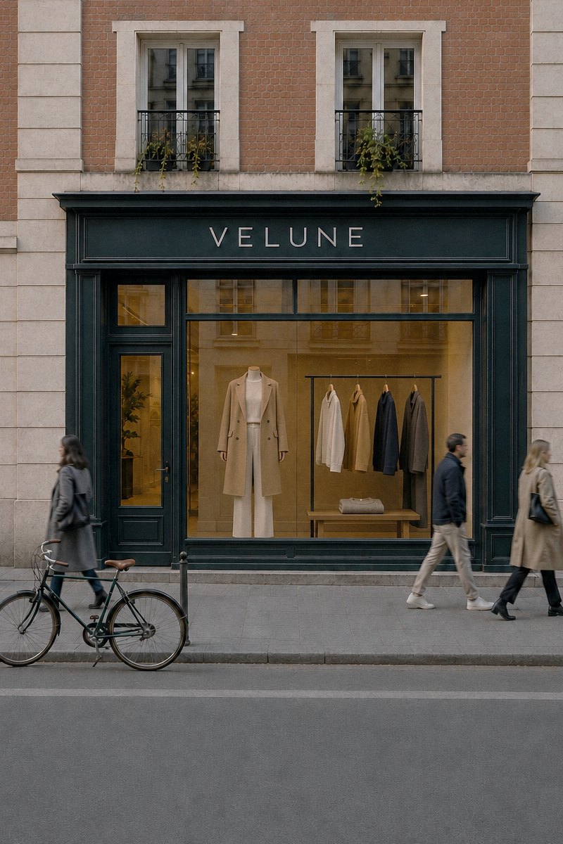 A lit boutique window seen across a busy street, with passers-by and a parked bicycle