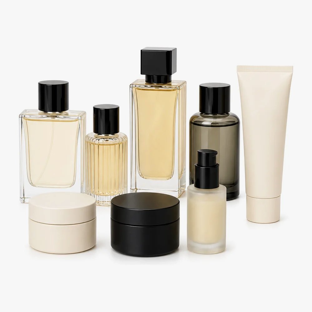 Fragrance, cosmetics and skincare in unlabelled bottles and jars
