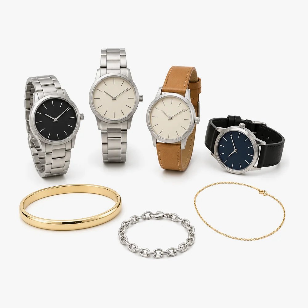 Four wristwatches with bracelets and a chain