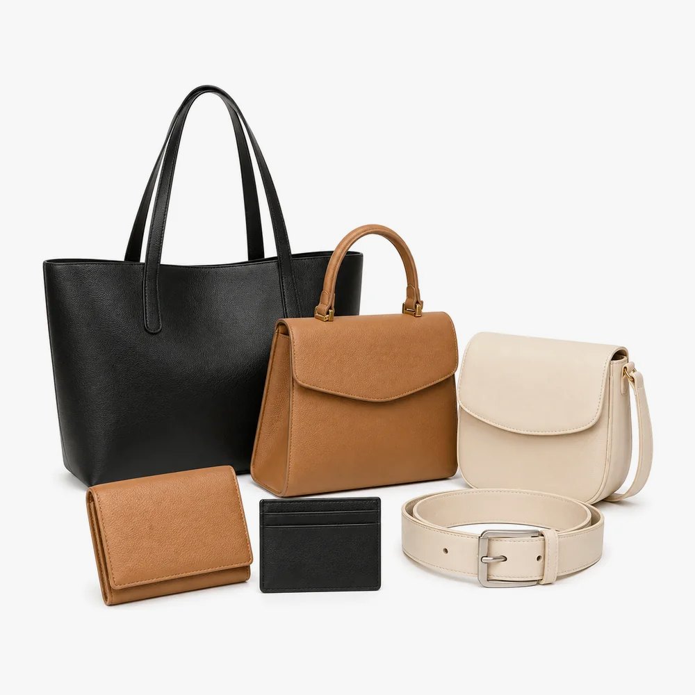 Three handbags, a wallet, a card case and a belt