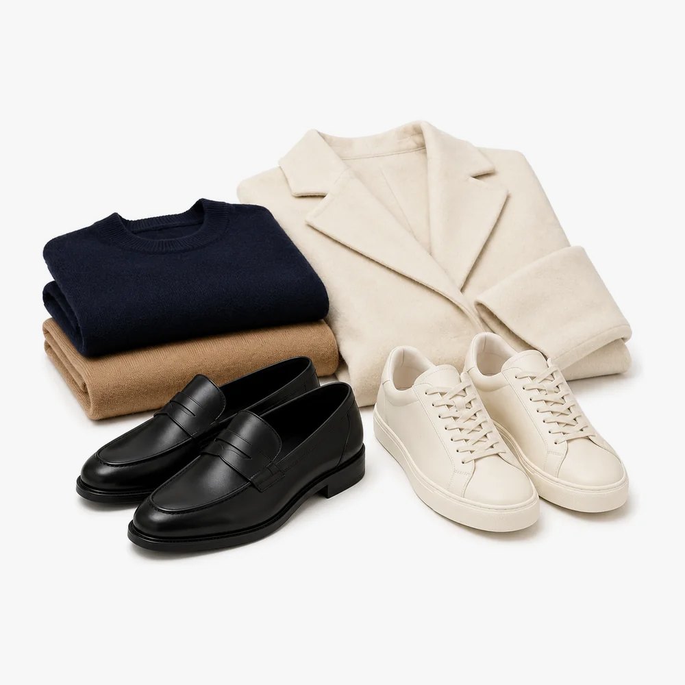 Folded knitwear, a coat, leather loafers and white trainers