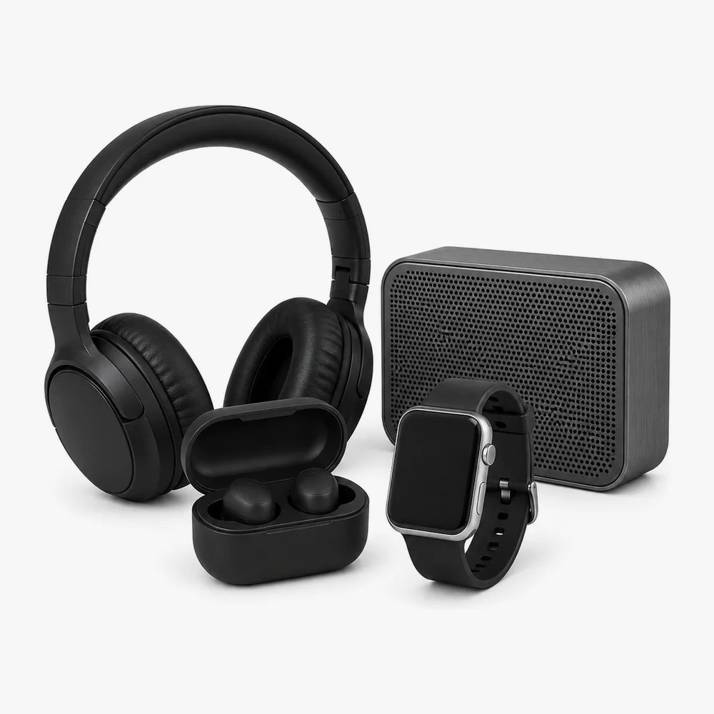 Headphones, wireless earbuds, a smartwatch and a portable speaker