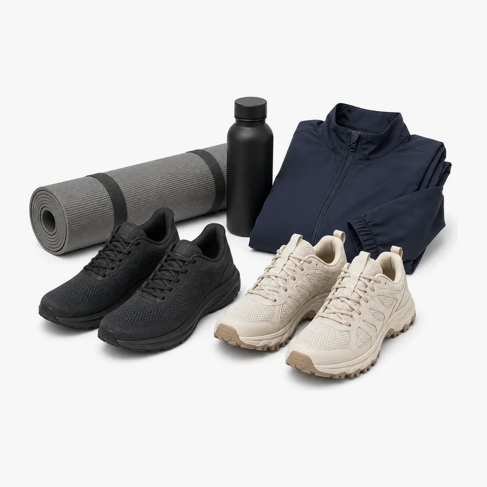 Two pairs of sports shoes, a mat, a bottle and a folded jacket