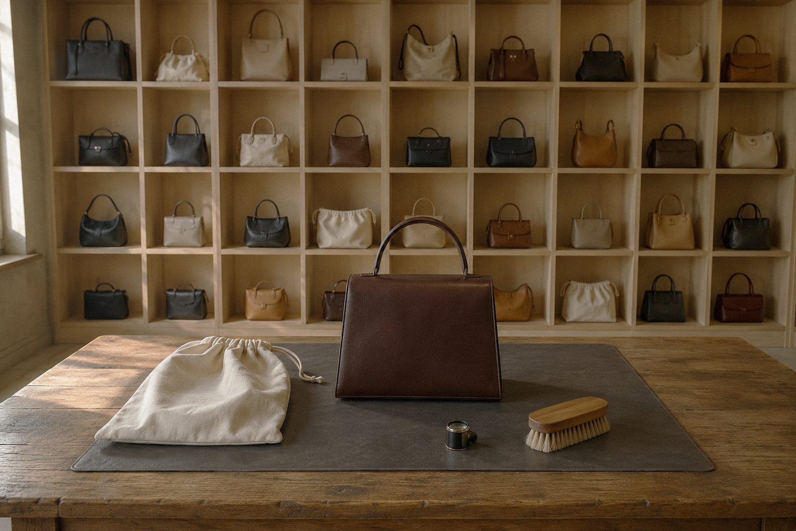 A wall of fitted compartments holding many different handbags, and one bag on a workbench with a loupe and brush