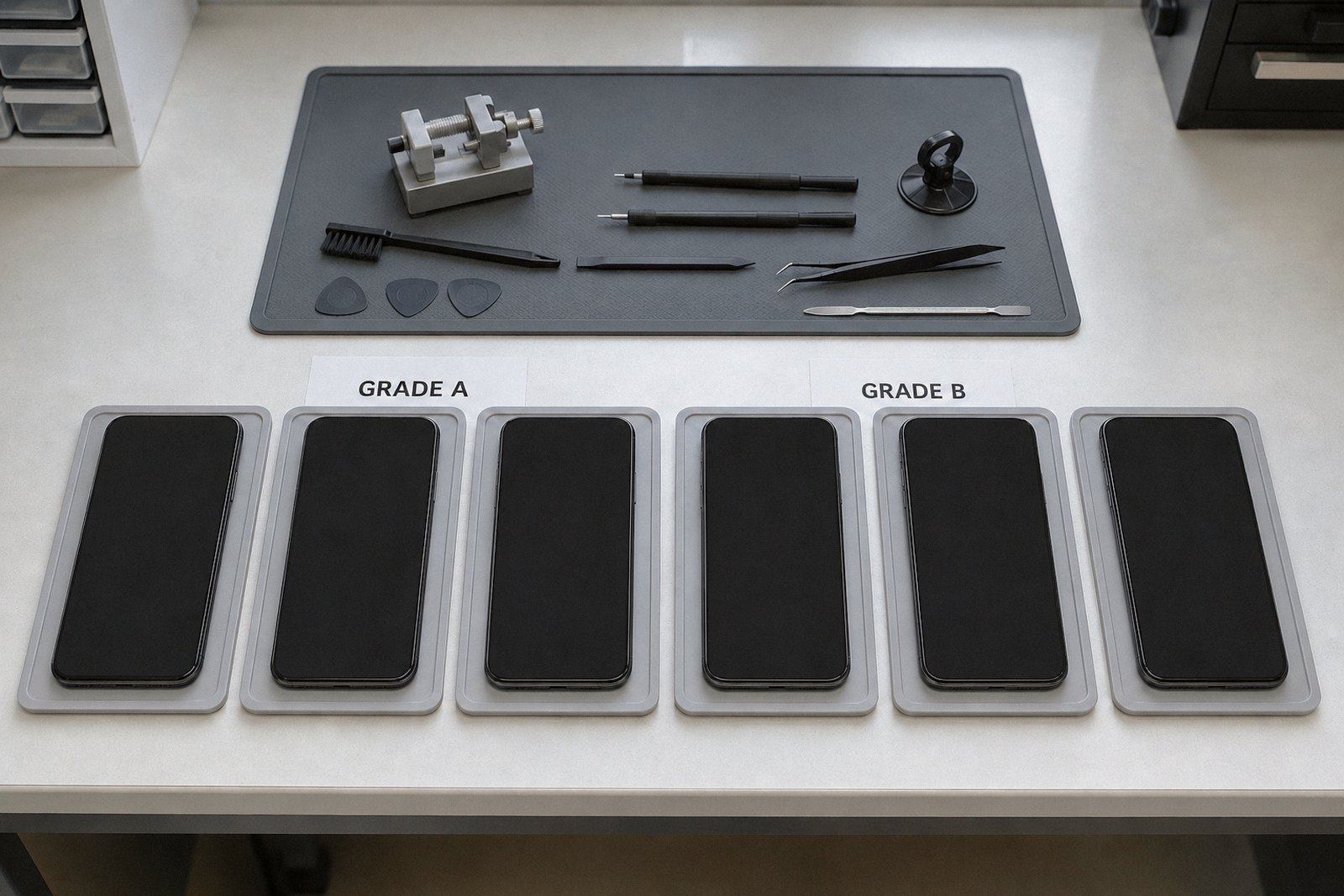 Six identical smartphones in a row on trays on a technician's bench, with repair tools