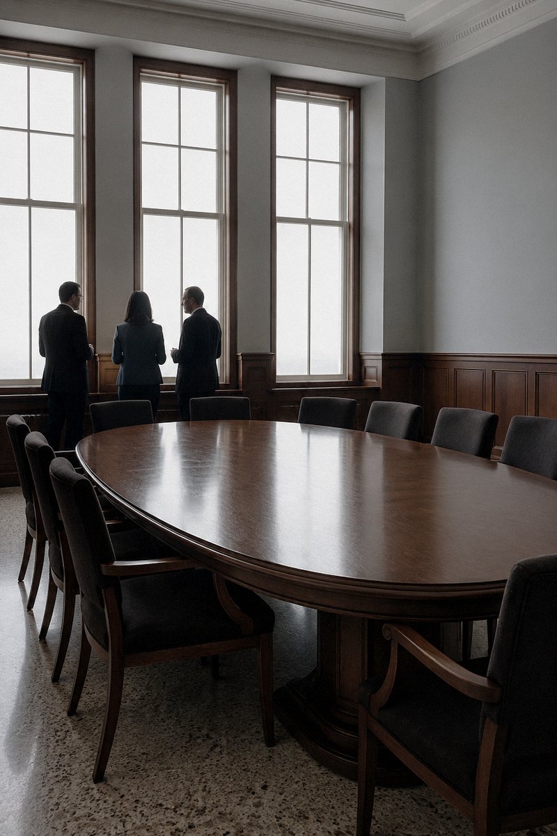 Three people in formal clothing talking by the windows of a panelled committee room
