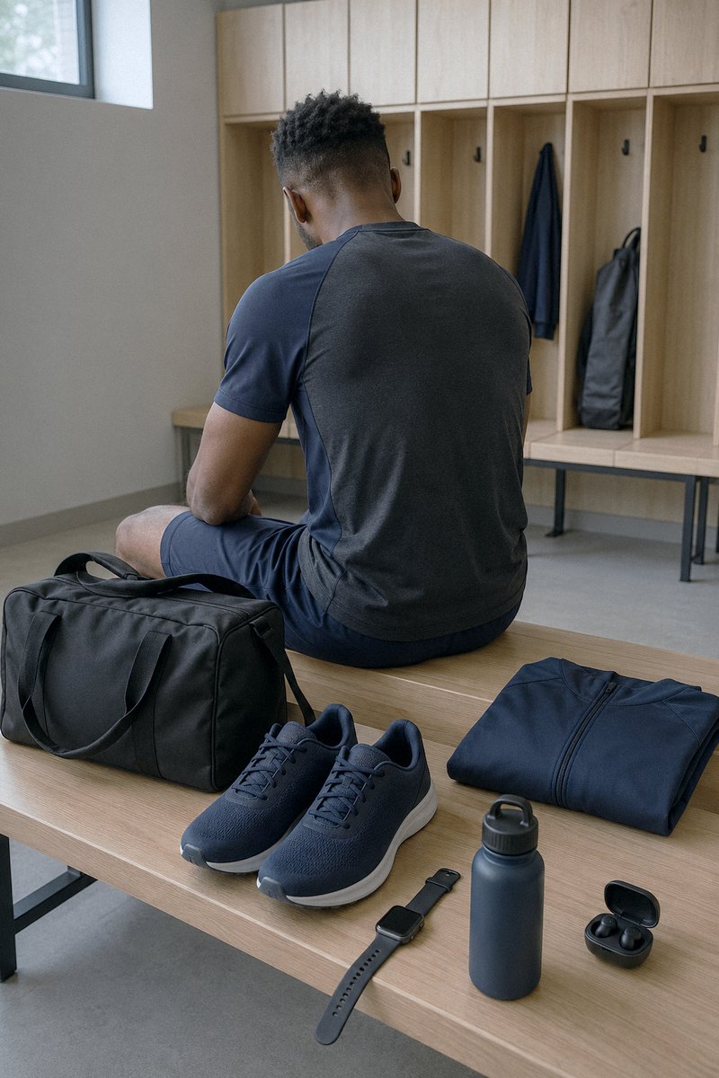 An athlete sitting on a locker room bench beside a sports bag, running shoes and a bottle